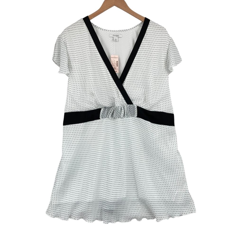 Dressbarn Mini Dress Womens 3X White Polka Dot Chiffon Short Sleeve Empire Waist